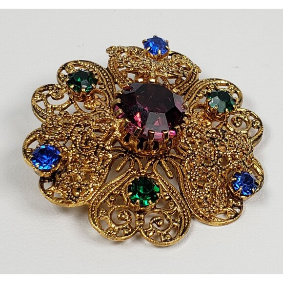 Czechoslovakia (CZECH) Gold Tone Filigree Glass Red, Green & Blue Stones Brooch - Picture 16 of 16